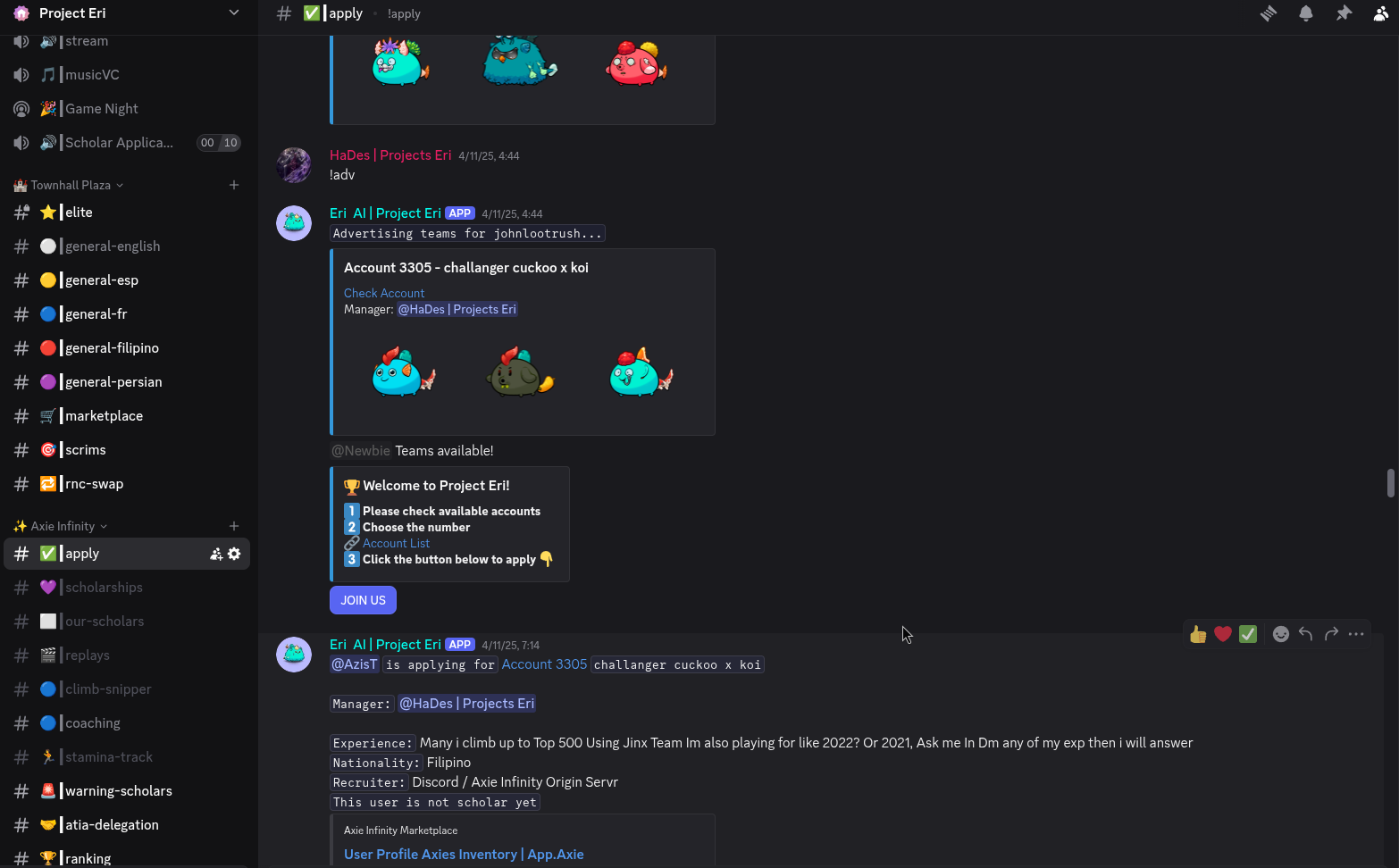 Bot de Discord mostrando comandos y gestión automatizada para comunidad Web3
