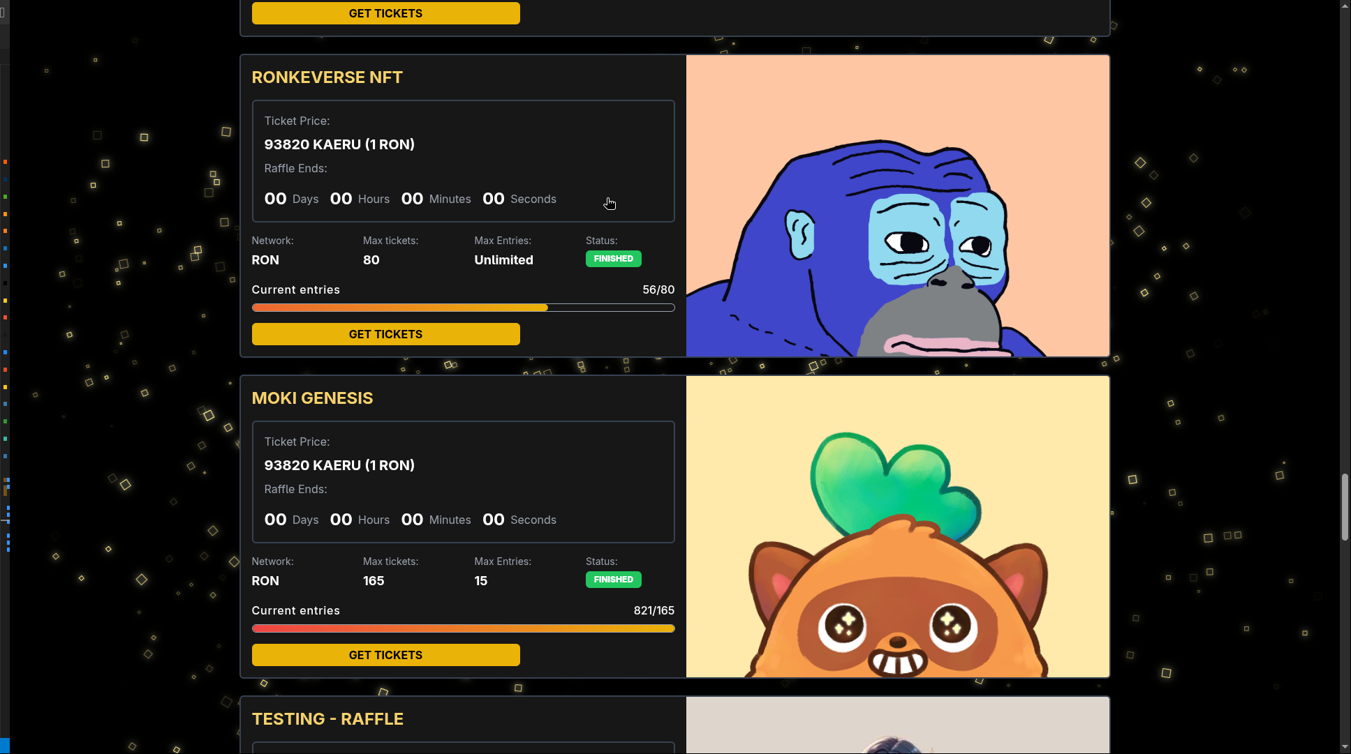 Interfaz de Kaeru mostrando sorteos NFT activos con premios en blockchain