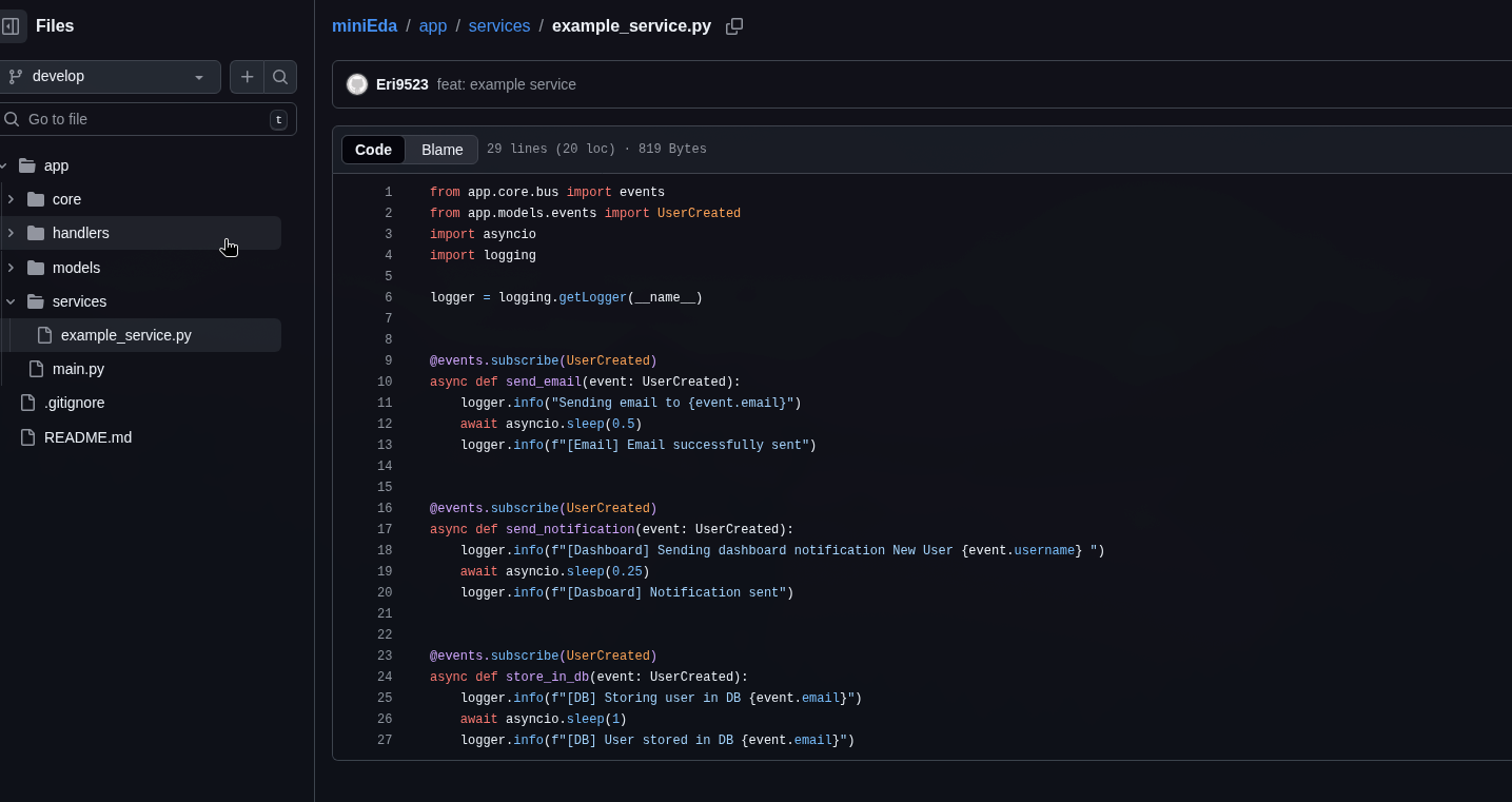 Minimal Event Driven Architecture project showing async event bus implementation